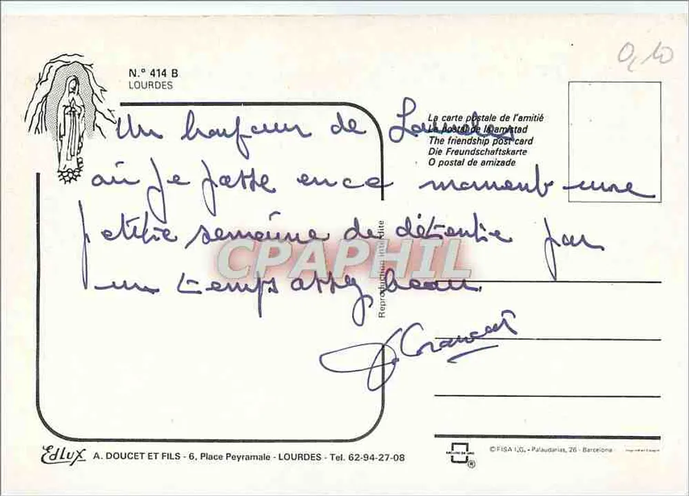Lourdes — Uma lembrança de Lourdes — Edlux, N° 414 B - Verso