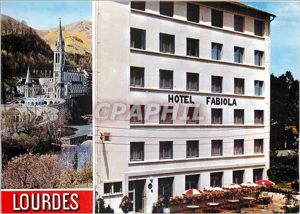 Lourdes — vista da basílica e do hotel Fabiola — Editor Dino A. Doucet, Barcelona - Frente