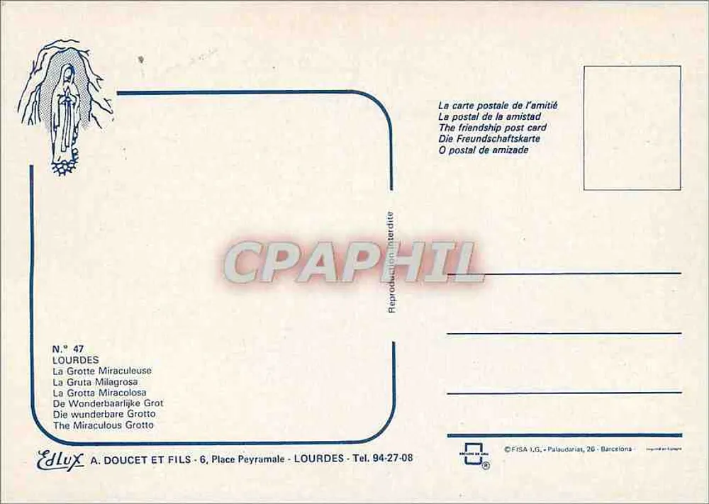 Lourdes — Gruta Milagrosa — A. Doucet et Fils, N° 47 - Verso