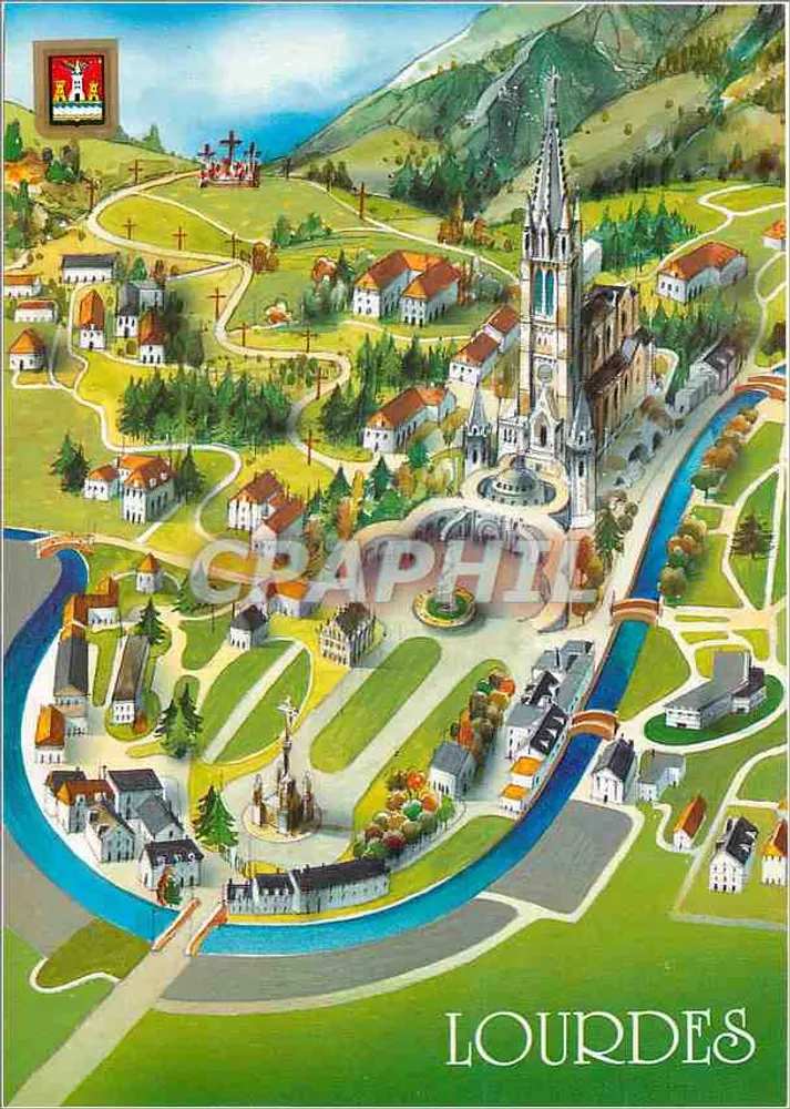 Lourdes — vista aérea estilizada — A. Doucet e Fils, n° 469 - Frente