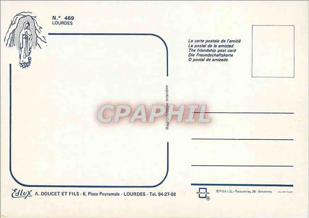 Lourdes — vista aérea estilizada — A. Doucet e Fils, n° 469 - Verso