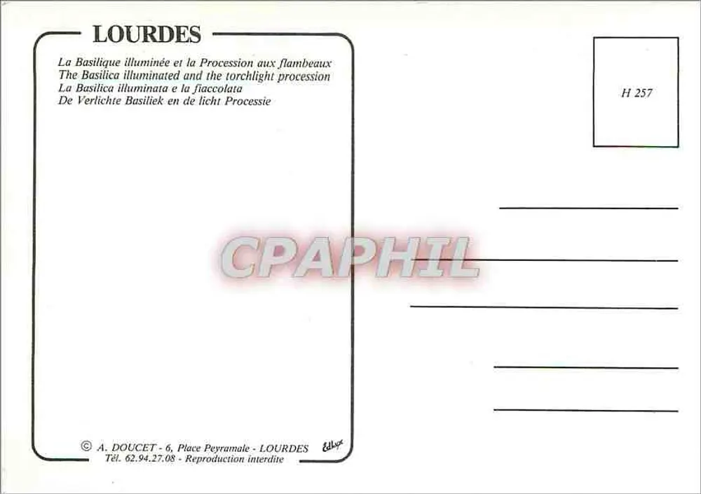Lourdes — Beleuchtete Basilika und Prozession mit Fackeln — A. DOUCET - Rückseite