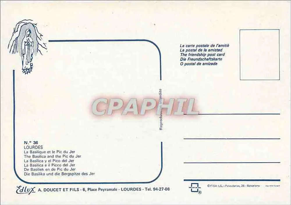 Lourdes — A Basílica e o Pic du Jer — Ed. Doucet et Fils, N° 36 - Verso