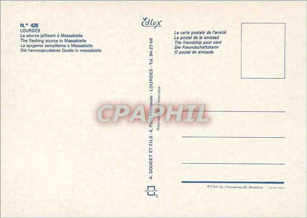 Fonte jorrando em Massabielle — Lourdes — Editor Edlux, n° 426 - Verso