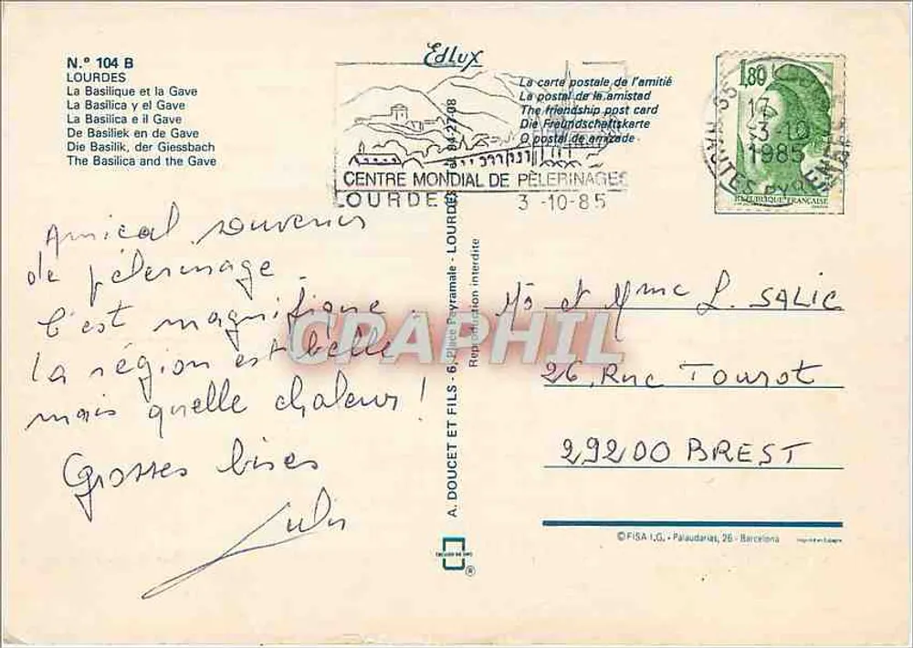 Lourdes — A Vista da Basílica e o Rio Gave — A. Doucet et Fils - Verso