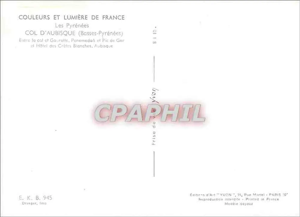 Col d'Aubisque — Entre o col Gouratte, Penemadés e Pic de Ger — Editor Art Yvon - Verso