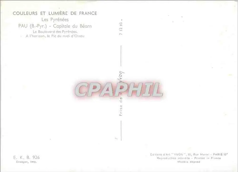 PAU (B.-Pyr.) - Capital del Béarn — Los Boulevards de las Pirineos — En el horizonte, el Pic du Midi d'Ossau — Ediciones de Arte 'YVON' - Reverso