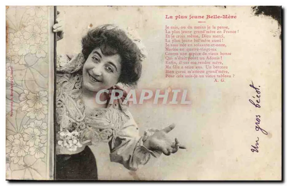 Lächelnde Frau — Gedicht 'La plus jeune Belle-Mère' — Fotograf A. Bréat & Cie, Paris - Vorderseite
