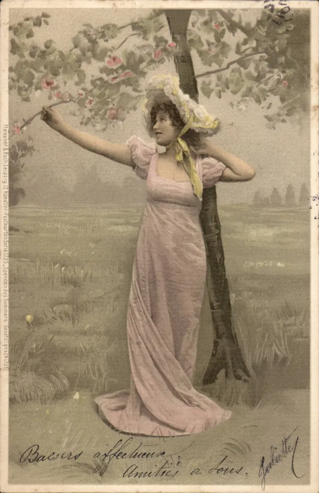 Frau in einem rosa Kleid unter einem blühenden Baum — Serie 1225, veröffentlicht von Messmer & Buch, Leipzig - Vorderseite