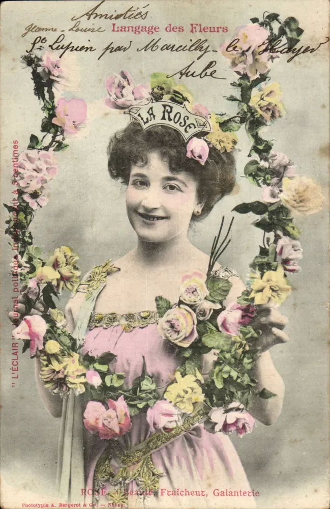 Die Rose — Motiv: junge Frau in einem rosa Kleid umgeben von Rosen — Verlag A. Bergeret & Cie, Nancy - Vorderseite