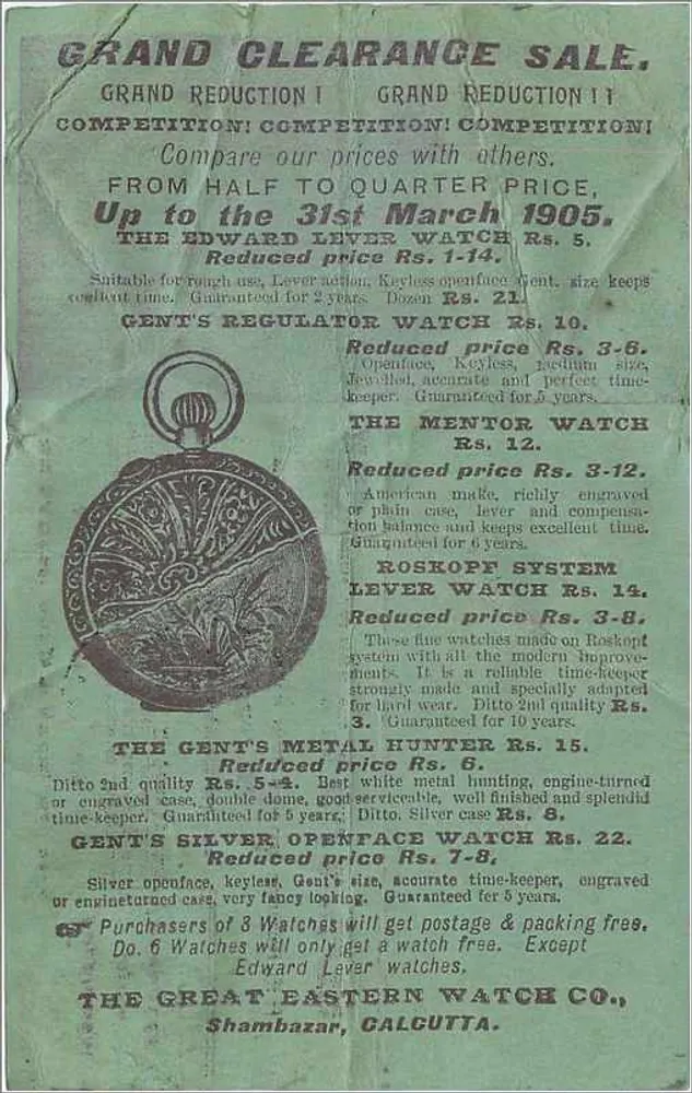 Venda de relógios — The Great Eastern Watch Co., Calcutta — Grande Redução 1905 - Verso