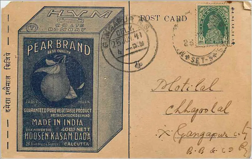 Carta postal publicitária para o produto 'Pear Brand' — editor Hoosen Kasam Dada, Calcutá — selo 9 pence, carimbo Calcutá 25 junho 1941 - Frente