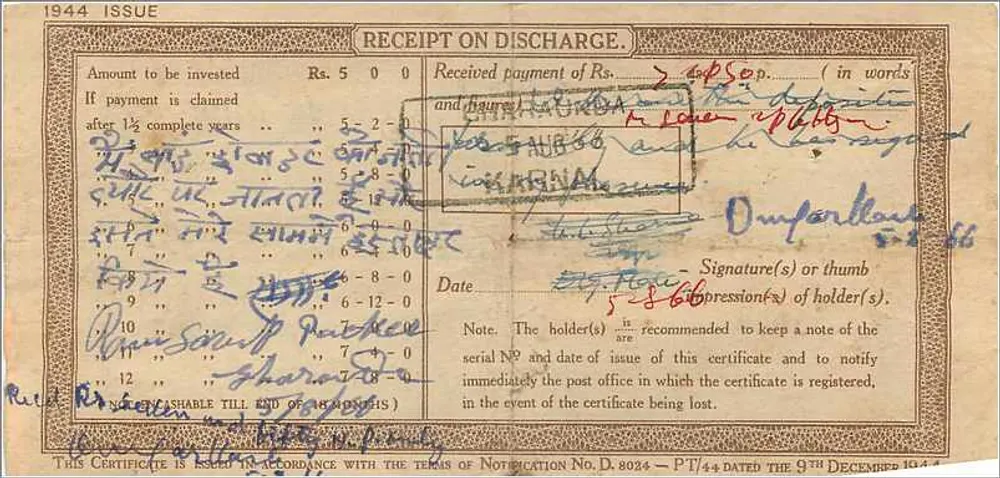 Gharaunda - Certificado de depósito nacional de 5 roupias — Post Office, Índia - Verso