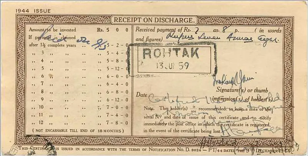 Certificado de depósito nacional de 5 roupias — Posto de Sangamner, Índia — série 945872 - Verso