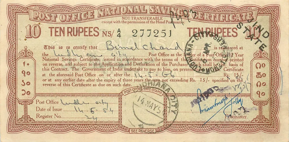 Certificado de depósito nacional de 10 roupias — Ludhiana, Índia — editor: Post Office - Frente