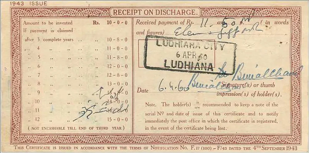 Certificado de depósito nacional de 10 roupias — Ludhiana, Índia — editor: Post Office - Verso