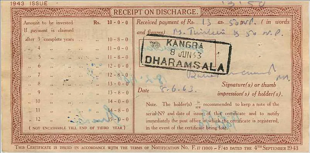 Certificado de depósito postal — 10 roupias — editor indiano, série NS/4, n° 276689 - Verso