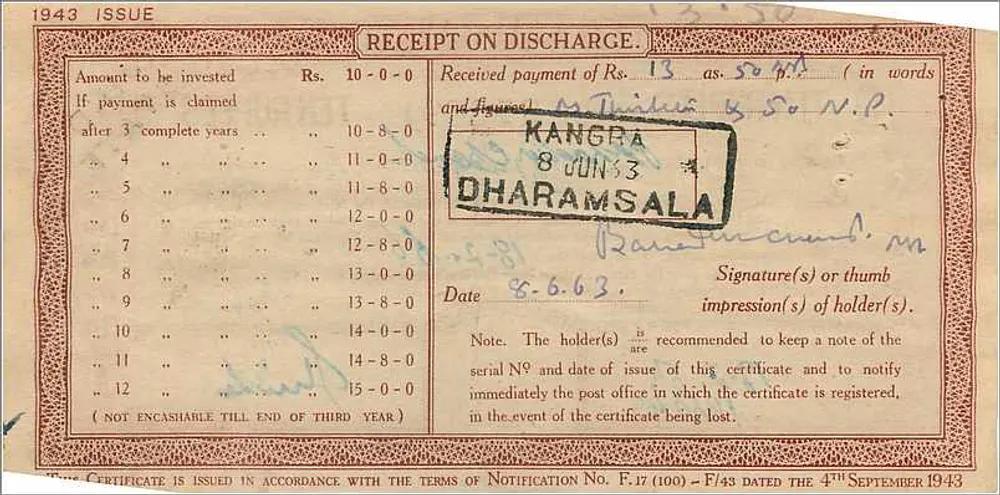 Certificado de depósito nacional de 10 roupias — edição 1943 — editor: Post Office, Índia - Verso