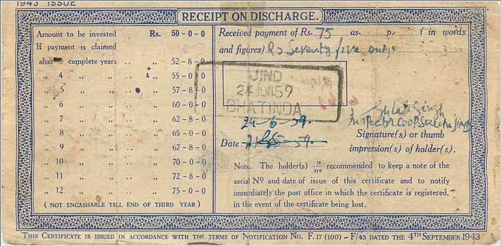 Certificato di deposito nazionale da 50 rupie — Sangrur, India — editore: Post Office - Verso