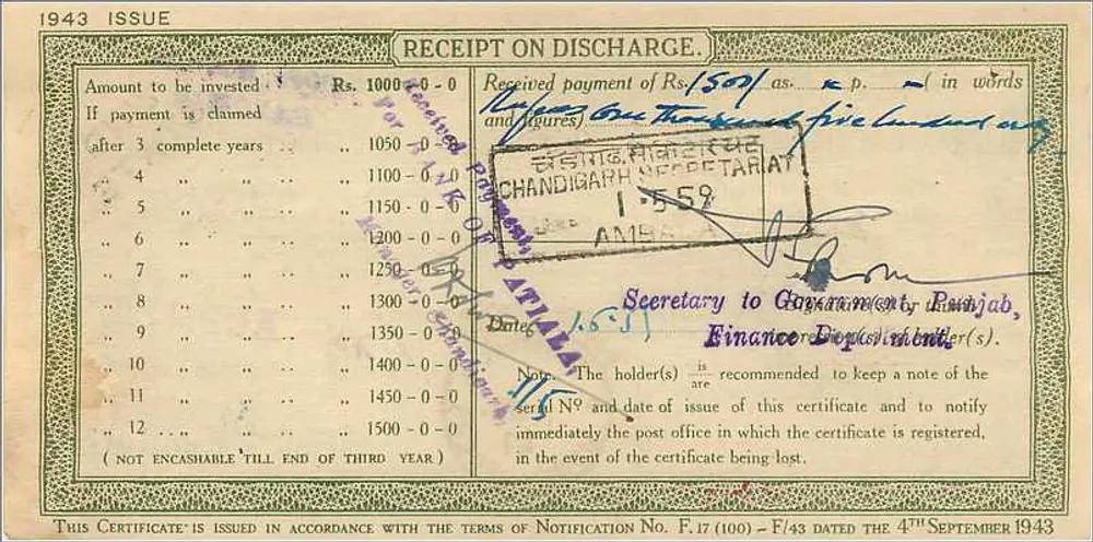 Certificado de depósito nacional de 1000 roupias — Bangor, Índia — edição 1943 - Verso