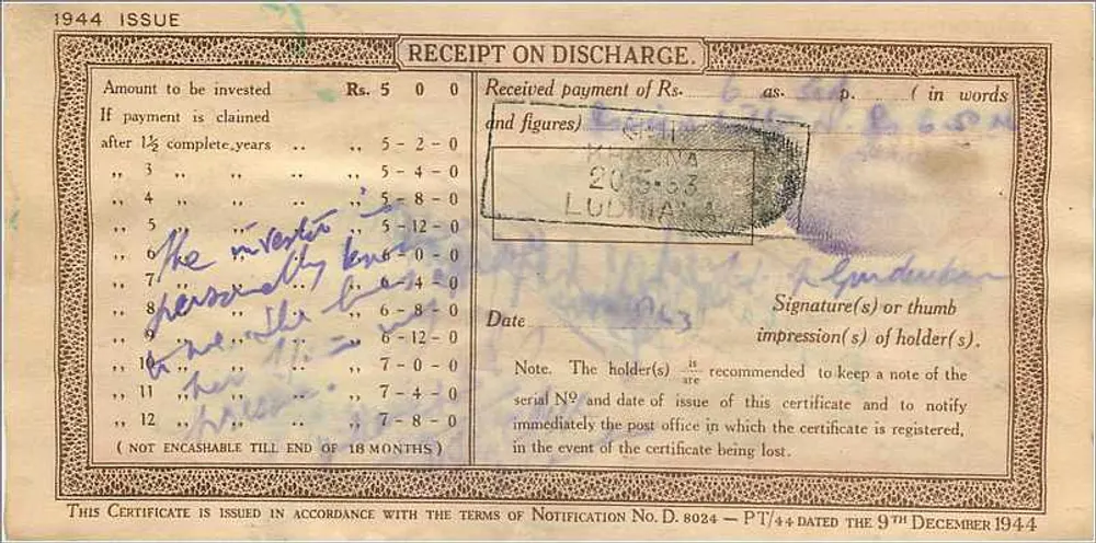 Certificado de depósito nacional de 5 roupias — Chamba — 1944 - Verso