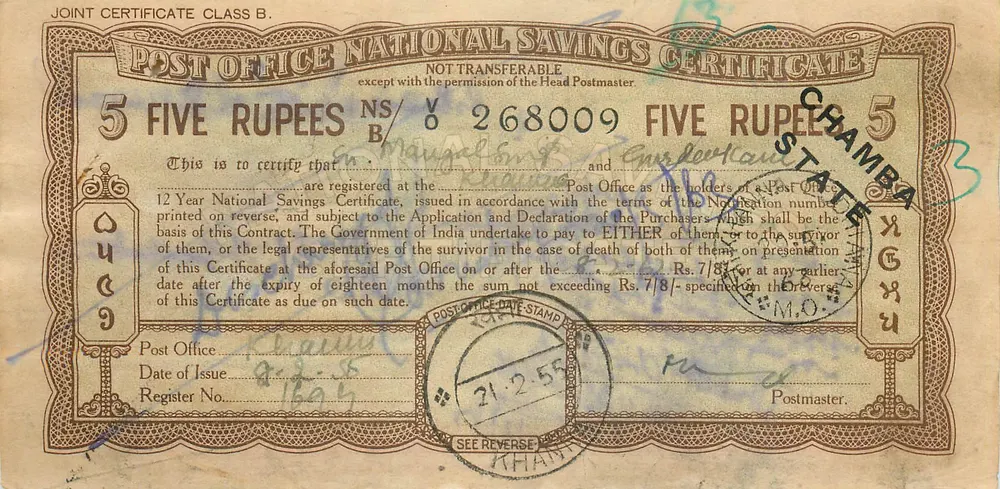 Certificado de depósito postal nacional — 5 roupias — Chamba — série 268009 — 1944 - Frente