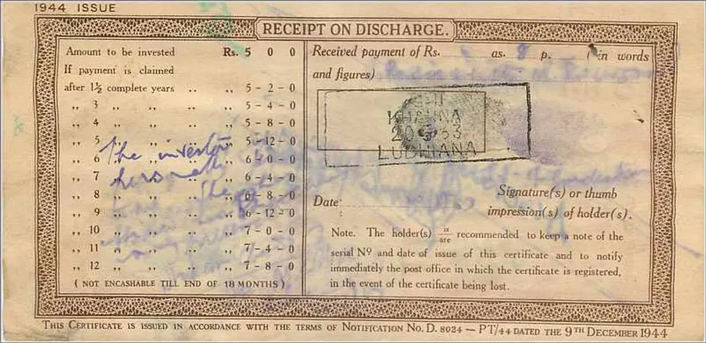 Certificado de depósito postal nacional — 5 roupias — Chamba — série 268009 — 1944 - Verso