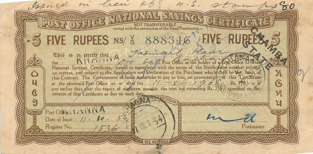 Certificado de depósito nacional — 5 roupias — Khanna, Índia — editor: Post Office - Frente