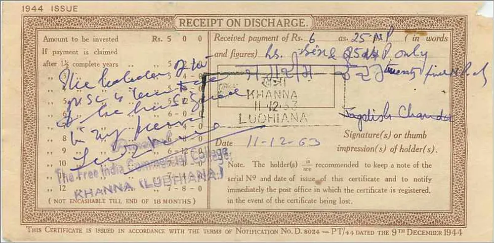 Staat Chamba — Nationaal depozitocertificaat van 5 rupees — Postkantoor Khanna - Achterkant