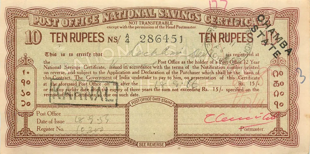 Certificado de depósito nacional da posta — 10 roupis — editor: Post Office, Chamba - Frente