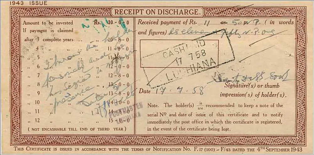 Certificado de depósito nacional de 10 roupis — LUDHIANA — editor: Post Office - Verso