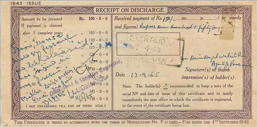 Certificado de depósito postal nacional — Ludhiana — editor: I.P.O. Ludhiana - Verso