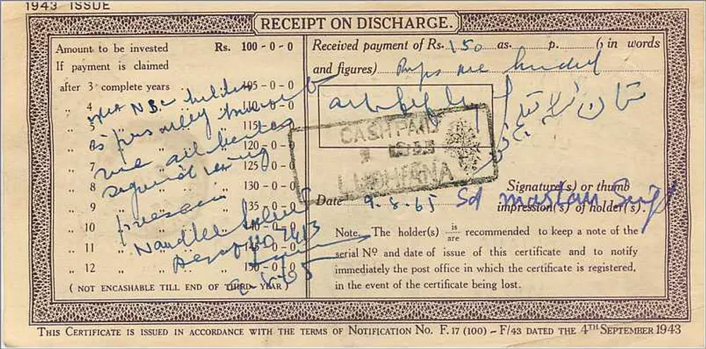 Certificado de depósito nacional — Ludhiana — Editor: Post Office, Ludhiana, n° de série 505511 - Verso