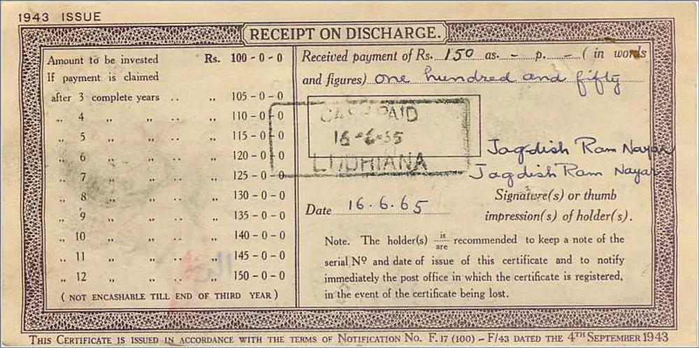 Certificado de depósito nacional — 100 roupias — Ludhiana — editor: Post Office - Verso