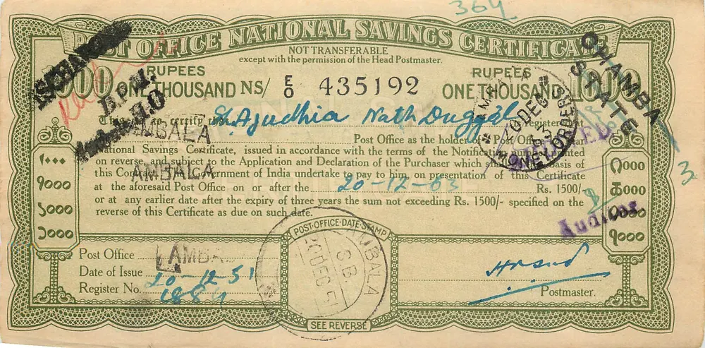 Ambala - Certificado de depósito nacional — editor Post Office, n° de série 435192 - Frente