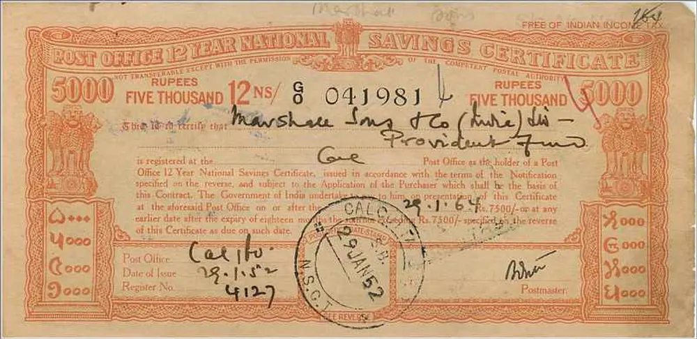 Certificado de depósito nacional 12 anos — 5000 roupias — edição 1949 — Marshall Sons & Co. (Índia) Ltd. - Verso