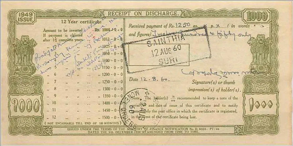 Certificado de depósito postal de 1000 roupias — Sainthia — edição 1949 - Frente