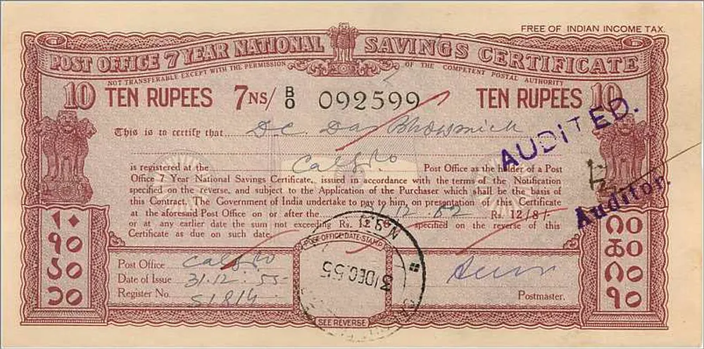 Certificado de colocação postal nacional — 7 anos — 10 roupias — edição 1948 — editor: Post Office - Verso