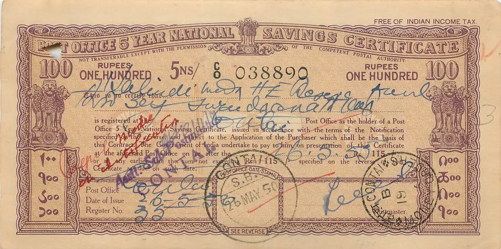 National Postal Deposit Certificate 5 years — 100 rupees — edition 1948 — publisher: Post Office of India - Front