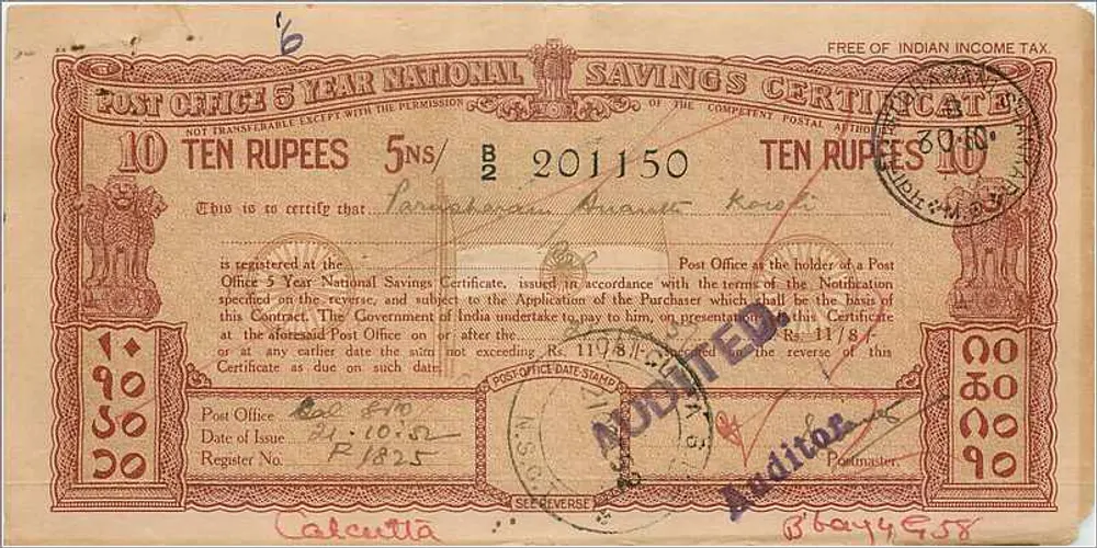 Certificado de depósito postal de 5 anos — 10 roupis — editor: Post Office, Calcutta, série 201150 - Frente