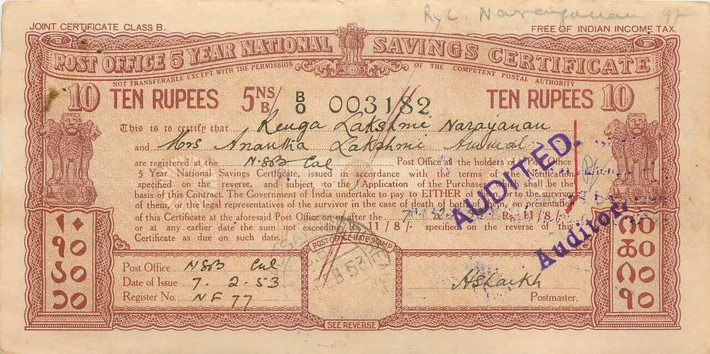 Certificado de depósito nacional de 10 roupias — 5 anos — edição 1948 — emitido em Calcutta - Frente