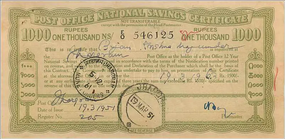 Certificado de depósito postal — 1000 roupias — emitido em Madnapore — série 546125 - Verso