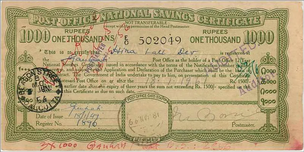 Certificado de depósito nacional de 1000 rupias — edição 1943 — editor: Post Office, Calcutta - Verso