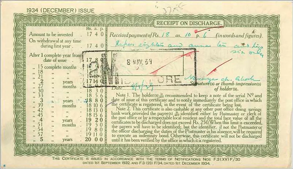 20 रुपया का प्रमाणपत्र - 5 साल - मिडनापोर - दिसंबर 1934 के एडिशन - आगे
