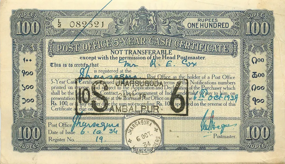 100 रुपये का पोस्ट ऑफिस के बैंक अक्षर प्रमाणपत्र — अम्बलपुर — 1934 के संस्करण - आगे