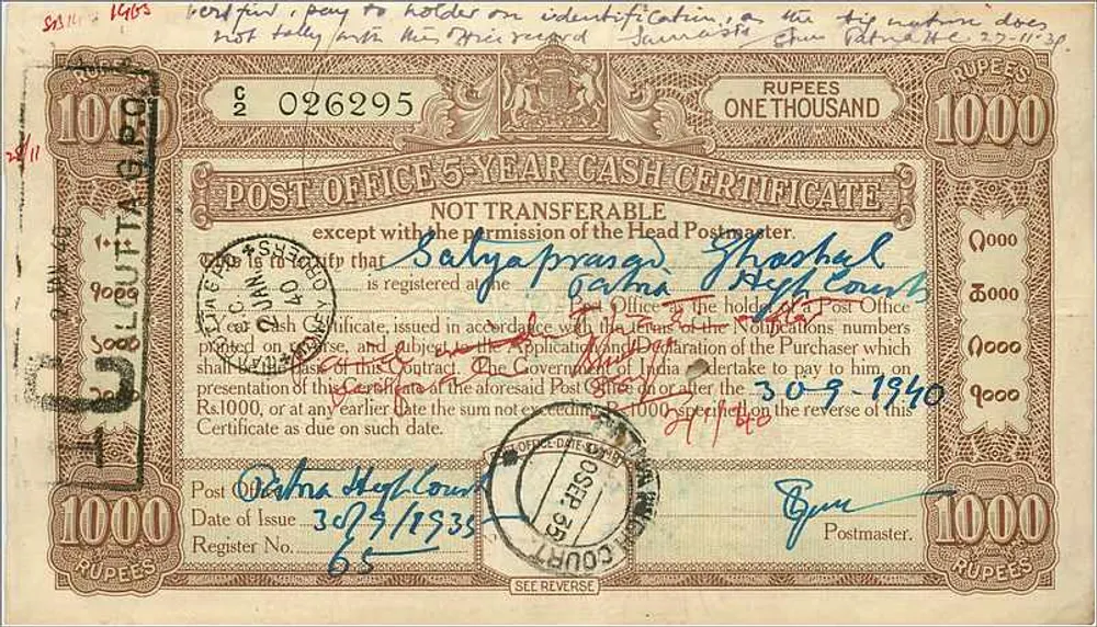 Certificado de caixa postal de 1000 roupias — Calcutá — edição 1934 - Frente