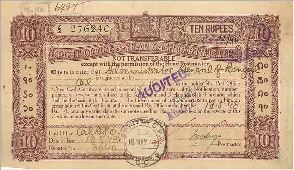 Certificado de tesouraria de 10 roupias — Bengala — edição 1936 - Frente