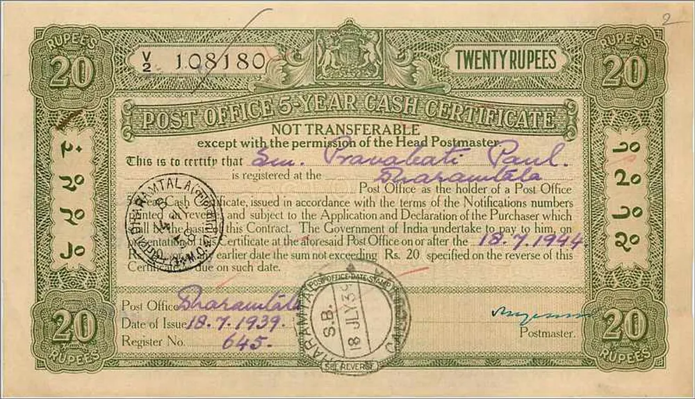 Certificado de tesouraria de 20 roupias — Índia — 1939 — editor: Post Office - Frente