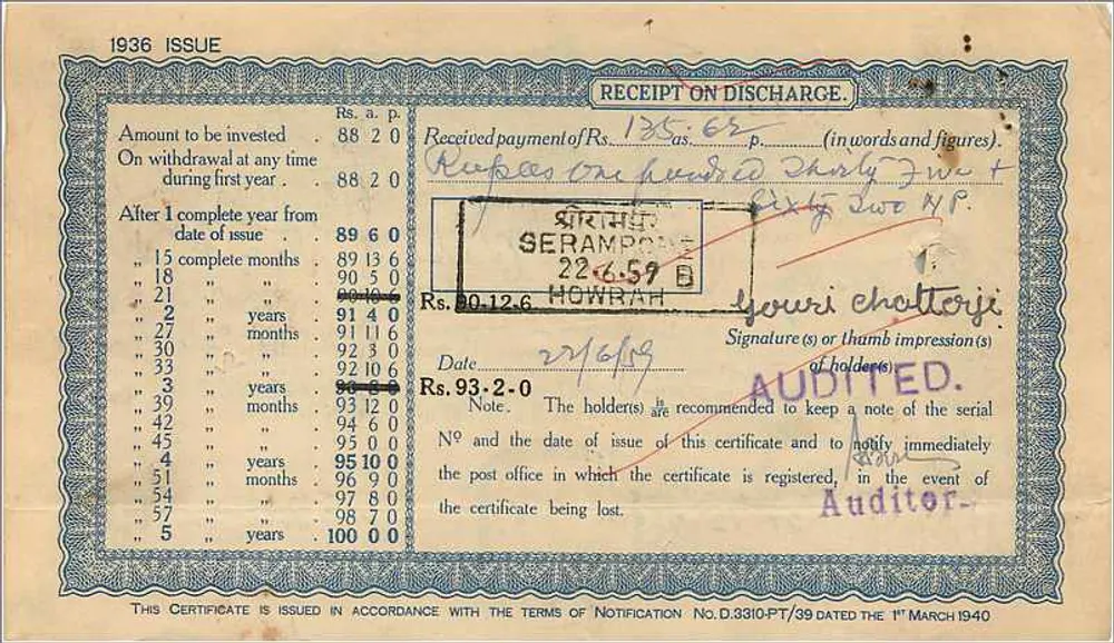Certificado em espécie de 100 roupias — Post Office — Sérampore — 1943 - Verso