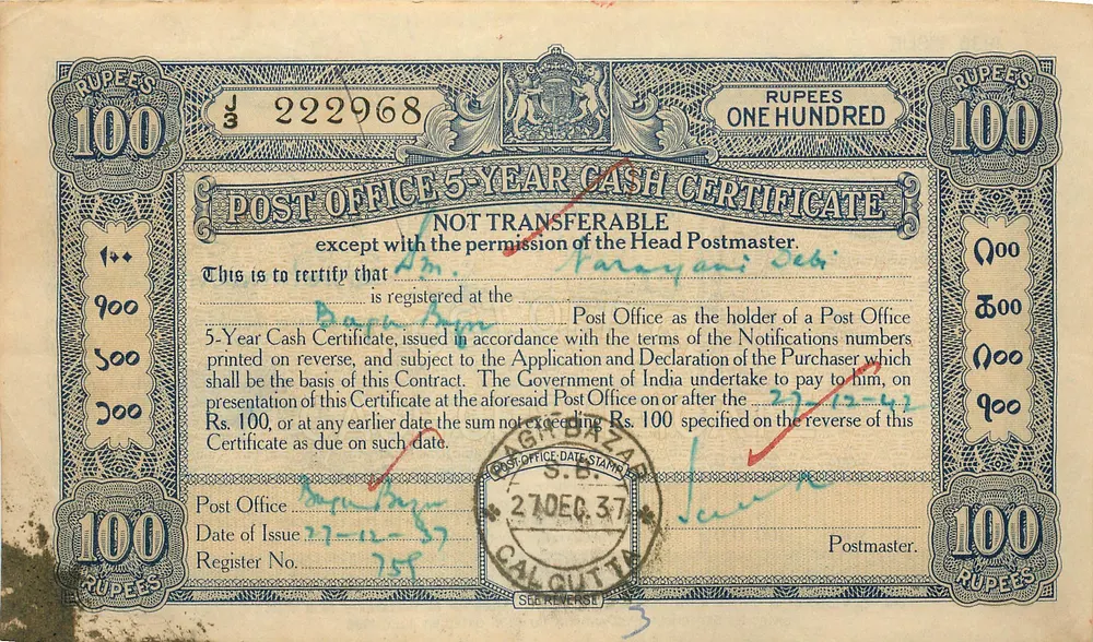 Certificado em espécie de 100 roupias — 5 anos — Escritório de correios de Calcutá — série 222968 - Frente